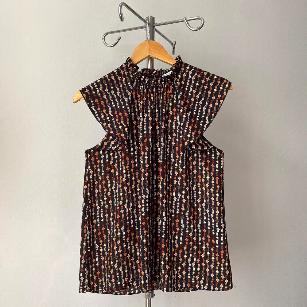 ☀️Ruffled Geometric Sleeveless Top – Brown Orange – Made in Italy – M